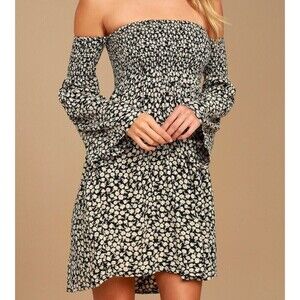 Billabong Night Fox Black Floral Print  Shirred Top Off-the-Shoulder Dress S/P